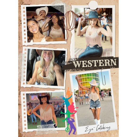 Women's Khaki Fringe Tank Top Western Festival Clothing Cowgirl V Neck Outfits - Picture 6 of 6